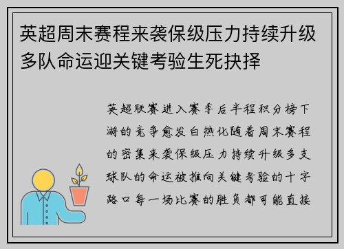 英超周末赛程来袭保级压力持续升级多队命运迎关键考验生死抉择