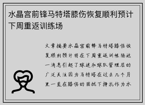 水晶宫前锋马特塔膝伤恢复顺利预计下周重返训练场
