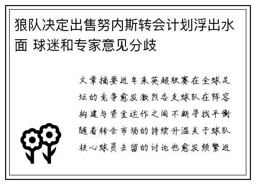 狼队决定出售努内斯转会计划浮出水面 球迷和专家意见分歧 狼队决定出售努内斯转会计划浮出水面 球迷和专家意见分歧